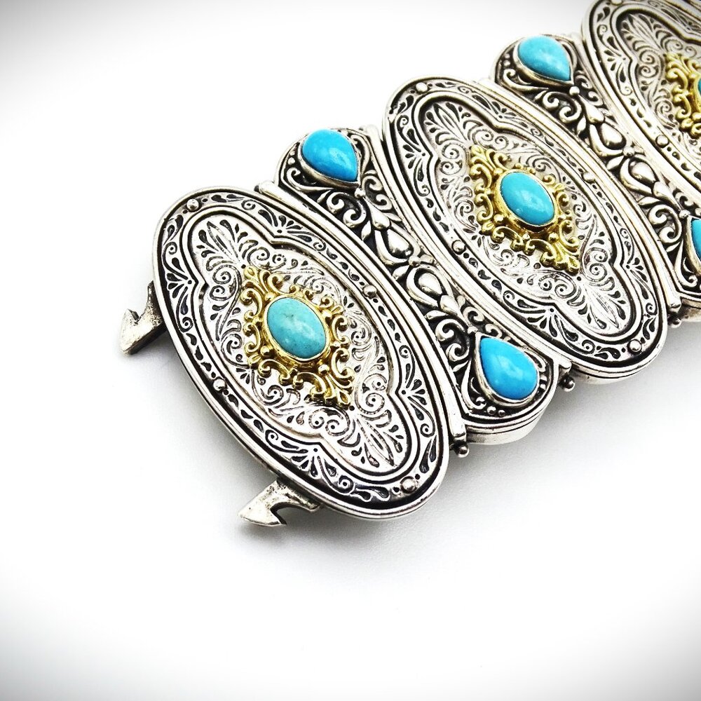KONSTANTINO Sterling Silver 18K Gold Turquoise Wide Bangle Bracelet 149 Grams - Picture 8 of 15